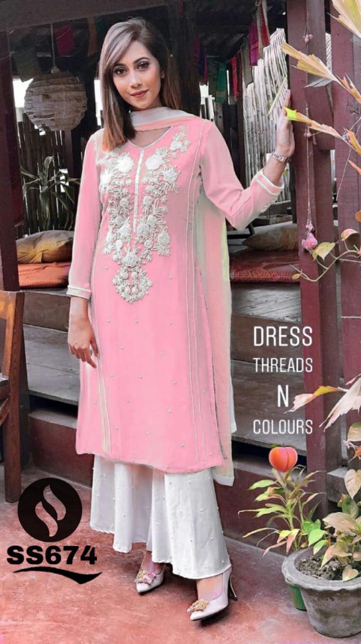 New Premium Quality Georgette Kurti Embroided Neck Moti Work With Plazo and Four Sided Border Net Dupatta  